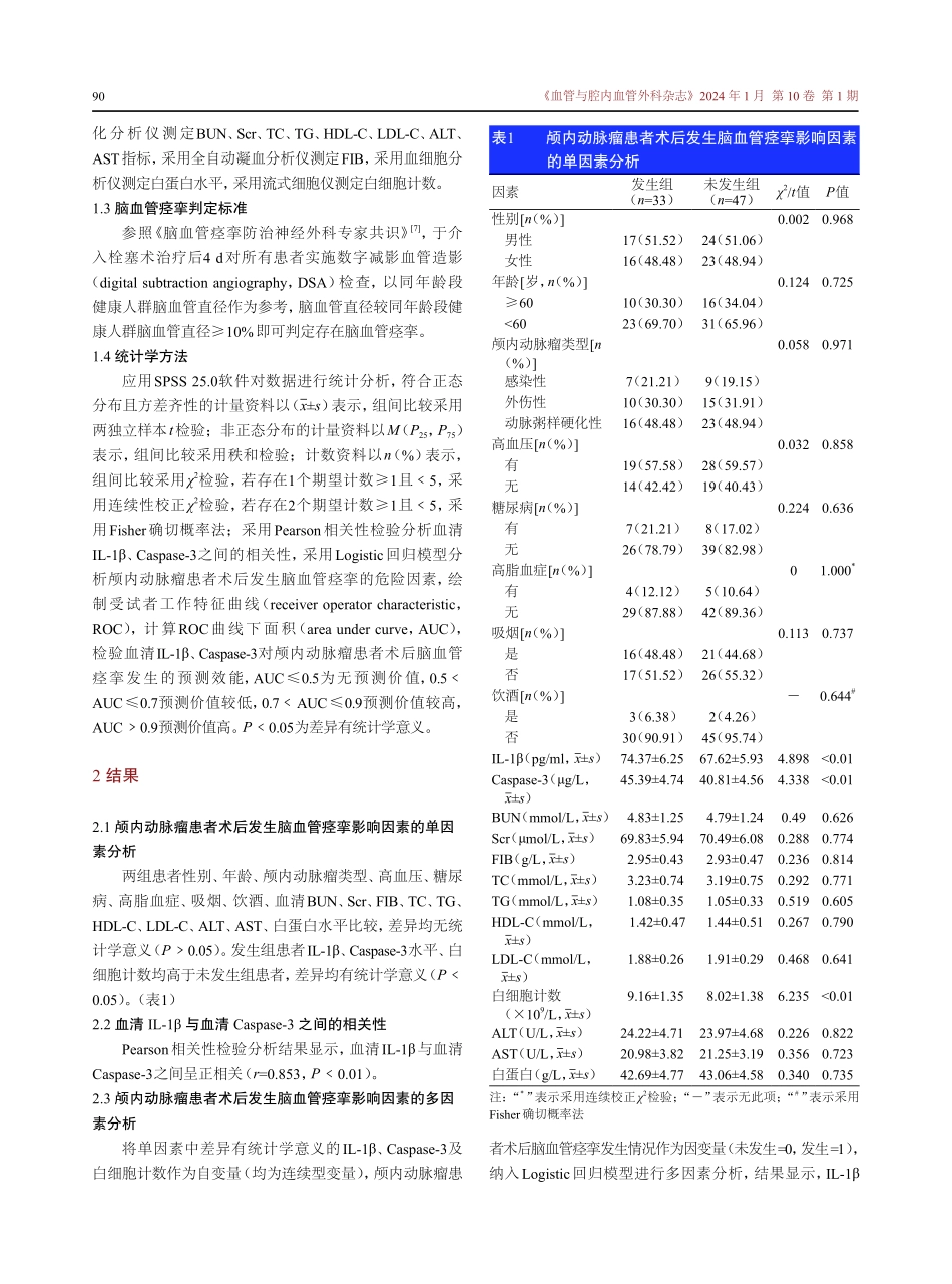 血清白细胞介素1β、半胱胺酸天冬氨酸蛋白水解酶3水平与颅内动脉瘤患者术后发生脑血管痉挛的关系.pdf_第3页