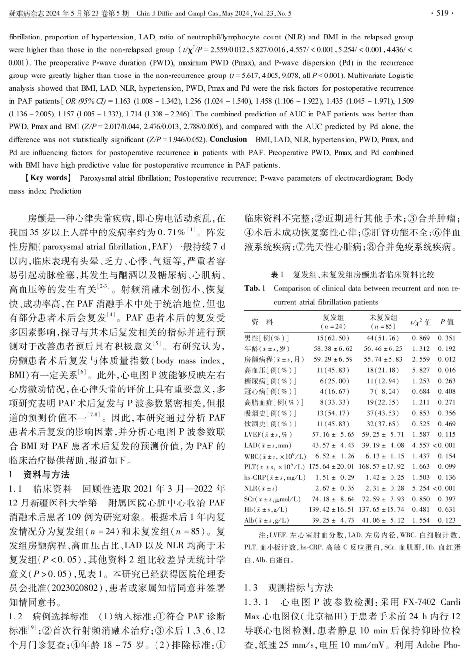 心电图P波参数联合体质量指数在阵发性房颤患者消融术后复发预测中的应用价值 (1).pdf_第2页