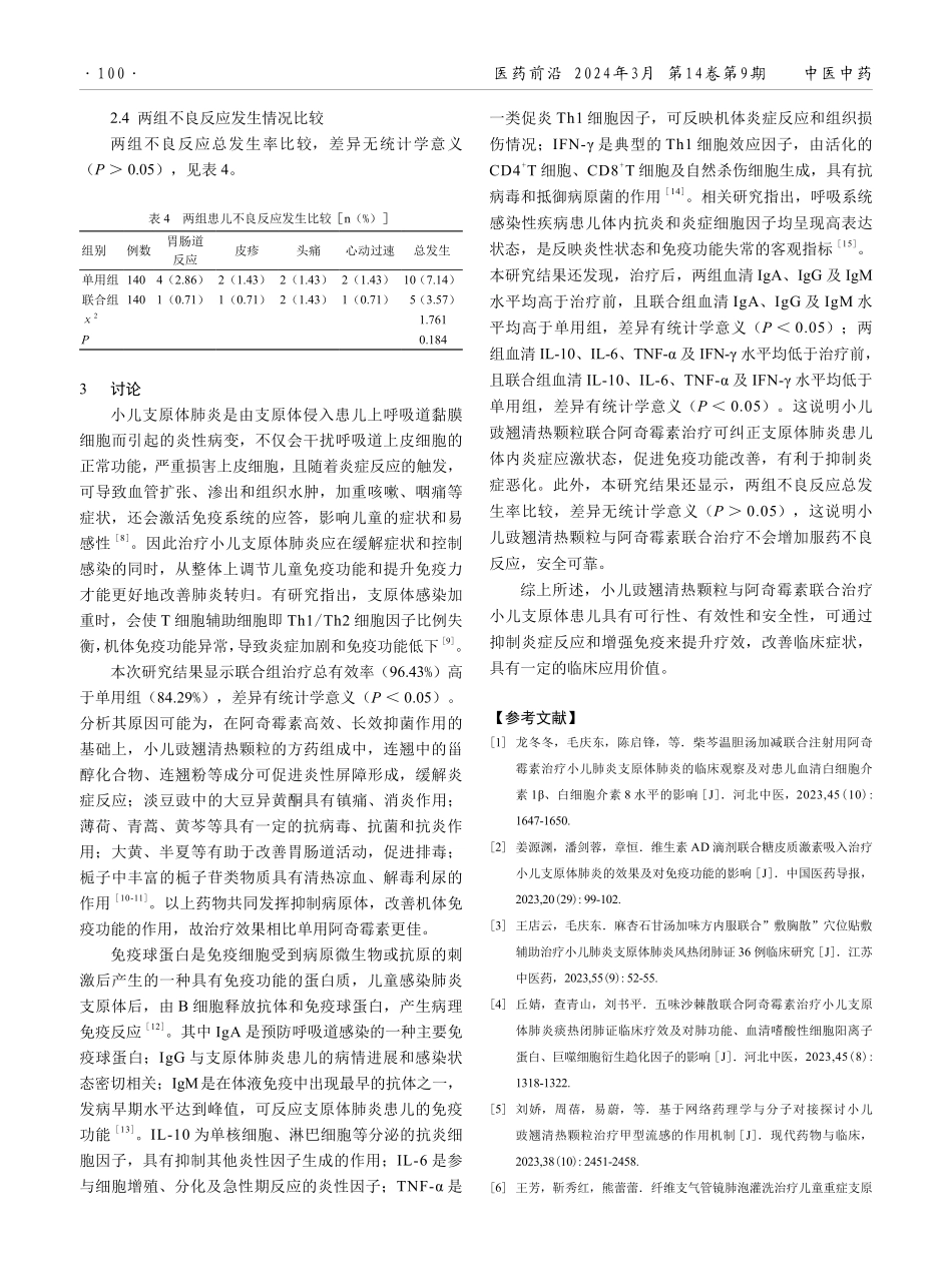 小儿豉翘清热颗粒联合阿奇霉素在小儿支原体肺炎治疗中的应用效果.pdf_第3页