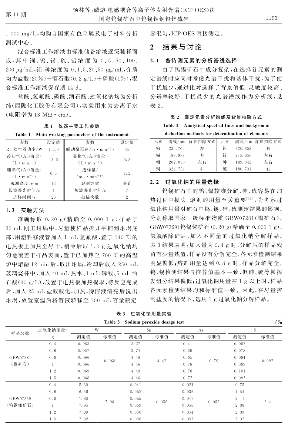 碱熔-电感耦合等离子体发射光谱%28ICP-OES%29法测定钨锡矿石中钨锡钼铜铅锌硫砷.pdf_第3页