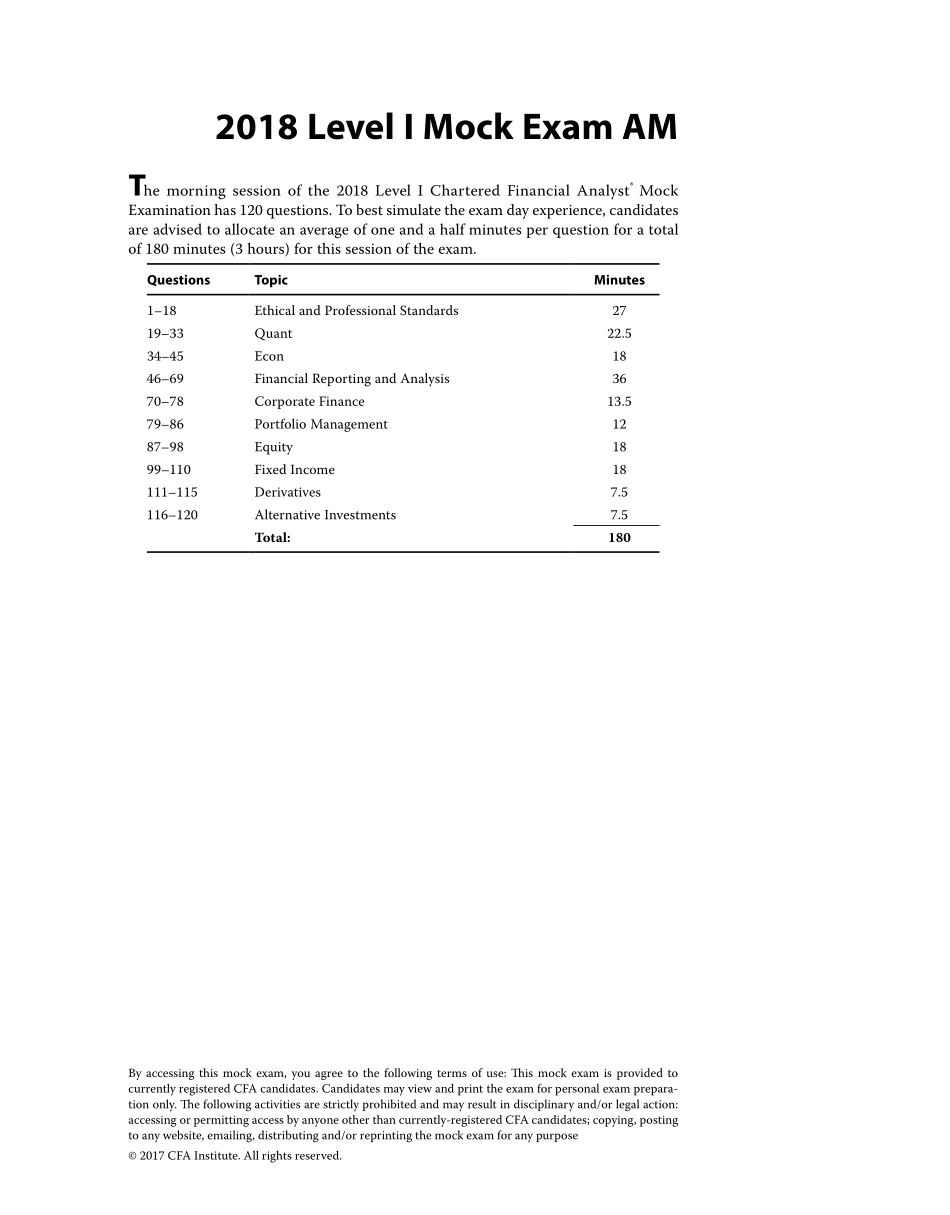 2018 Level I Mock Exam AM-Session (with Solutions) _removed(1).pdf_第1页