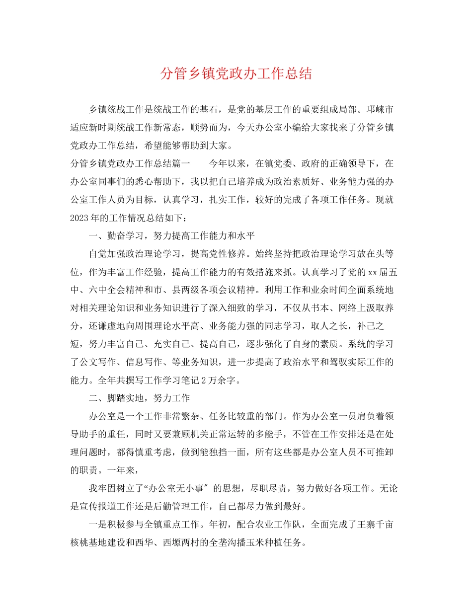 2023年分管乡镇党政办工作总结范文.docx_第1页