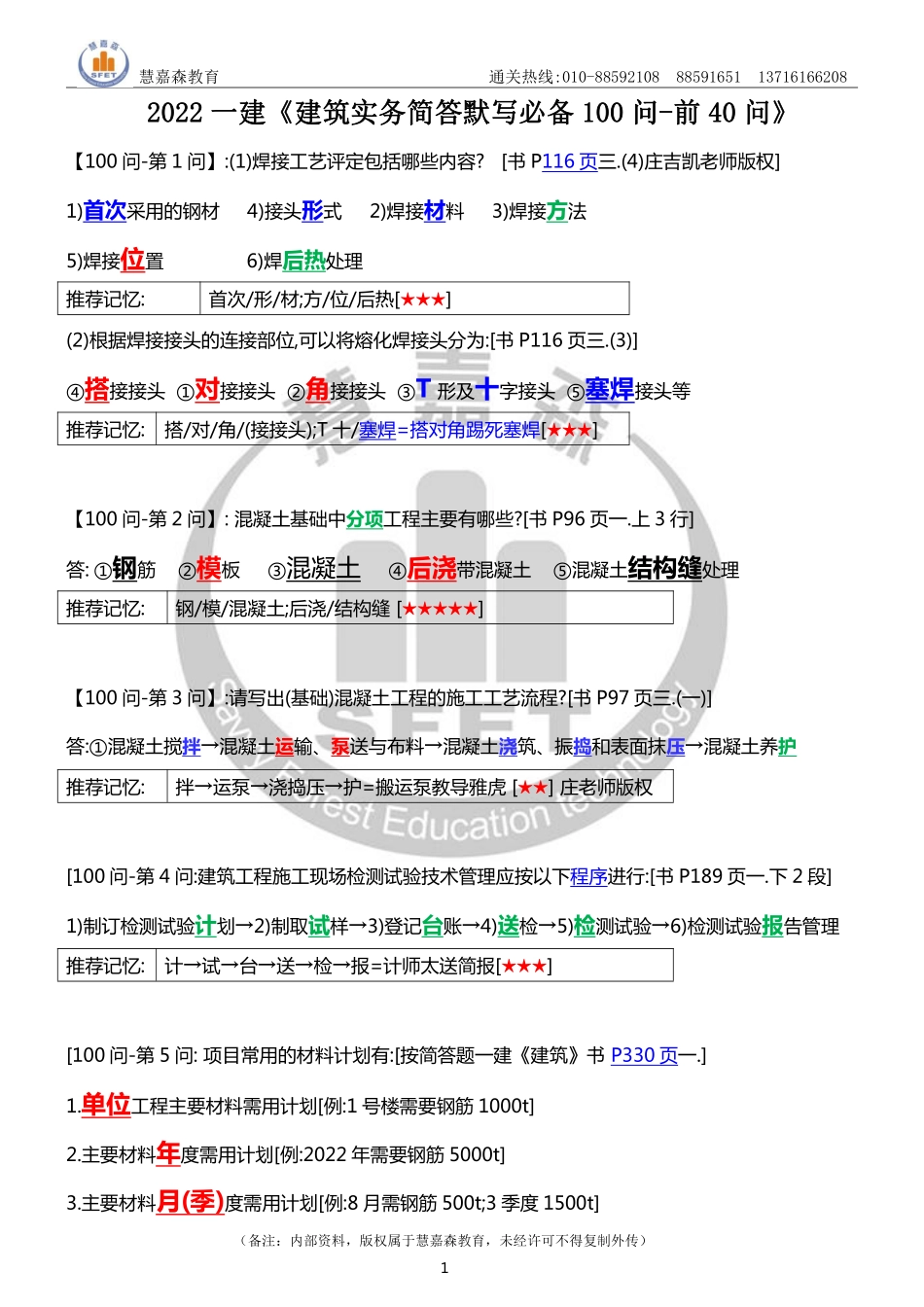 【前40问】2022一建《建筑实务简答默写必备100问》前40问-庄老师-慧嘉森教育0922.pdf_第1页