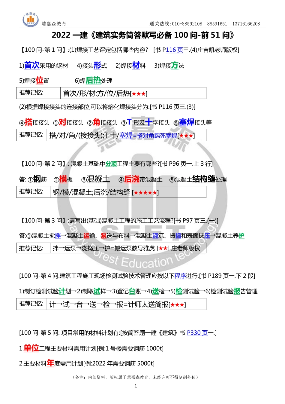 【前51问】2022一建《建筑实务简答默写必备100问》前51问-庄老师-慧嘉森教育整理1025.pdf_第1页