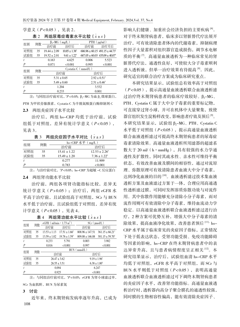 高通量血液透析联合血液透析滤过对终末期肾病患者尿毒症毒素与炎症因子水平的影响.pdf_第3页