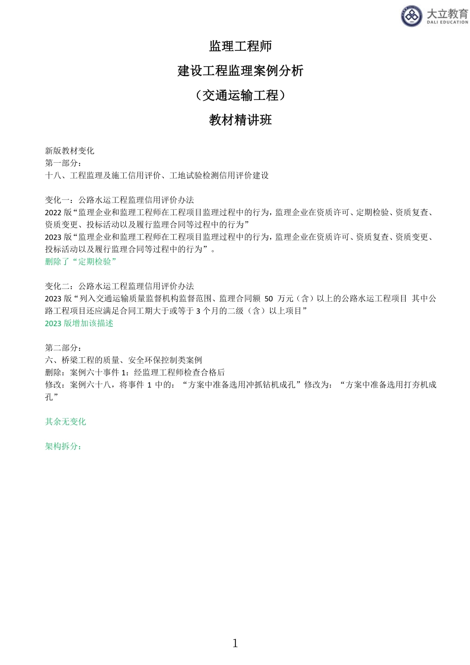 2023监理《交通案例分析》（01、新教材变化）.pdf_第1页