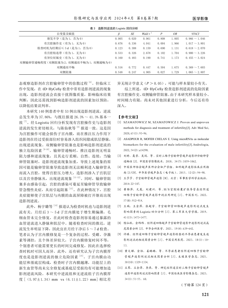 经阴道子宫输卵管四维超声造影剂逆流发生影响因素的Logistic回归分析.pdf_第3页
