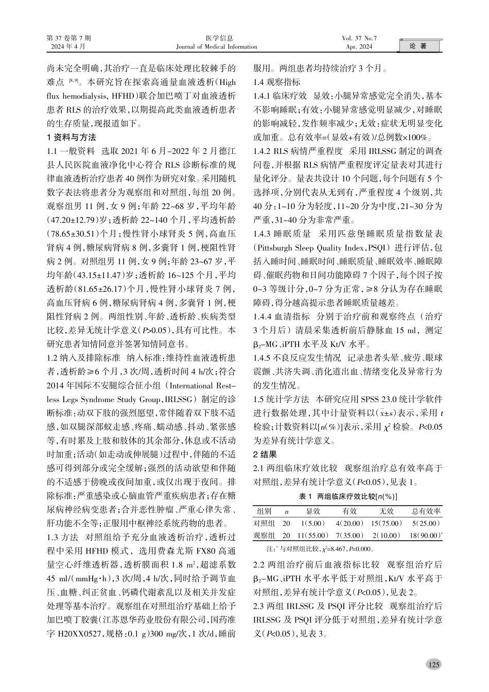 高通量血液透析联合加巴喷丁治疗血液透析患者不安腿综合征的临床效果.pdf_第2页