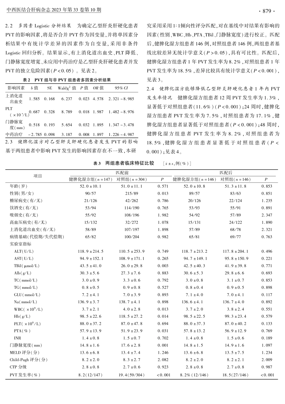 健脾化湿方对乙型肝炎肝硬化患者1年内发生门静脉血栓的影响.pdf_第3页