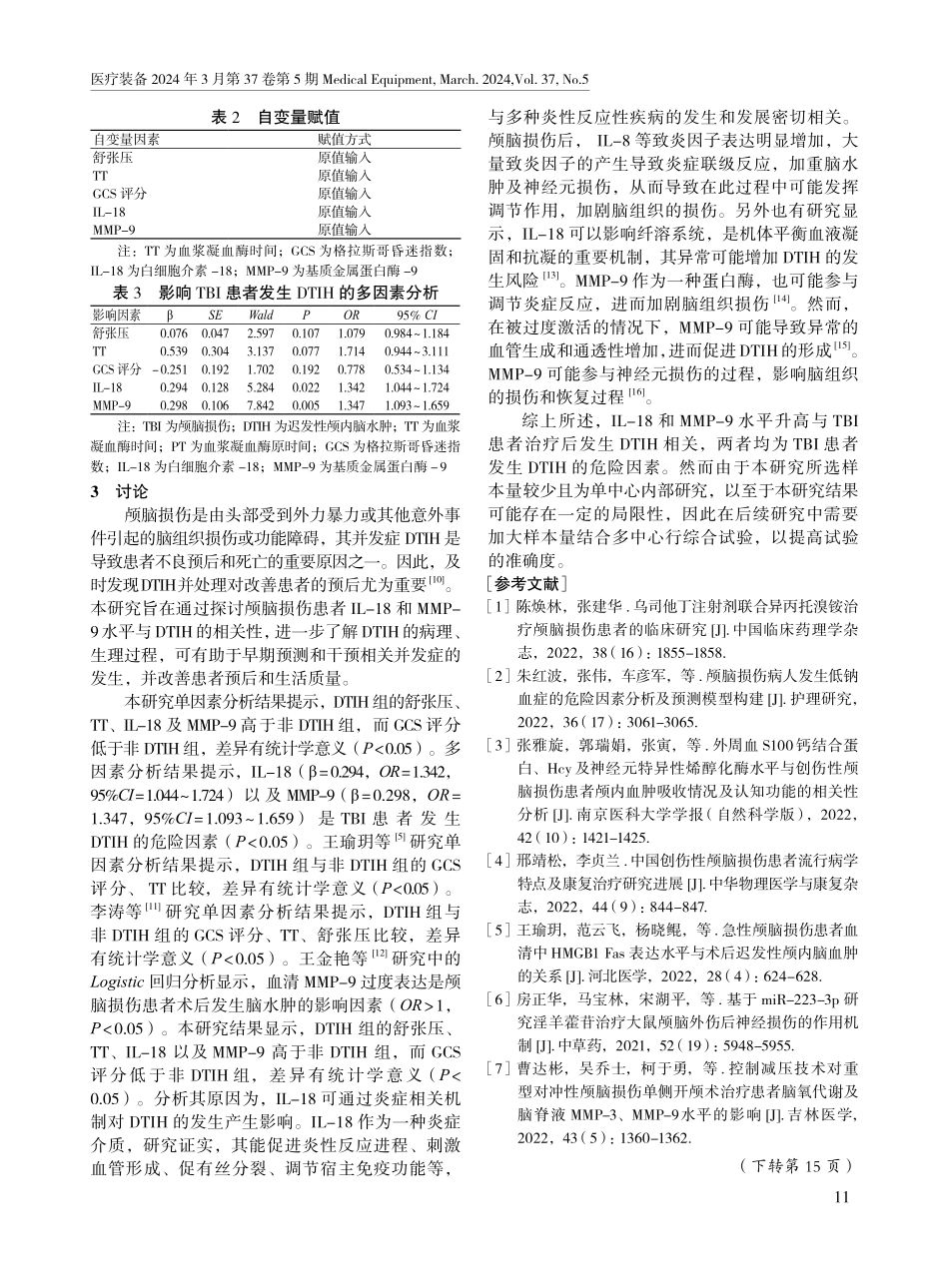 颅脑损伤患者外周血白细胞介素-18、基质金属蛋白酶-9水平与迟发性颅内脑血肿的相关性.pdf_第3页