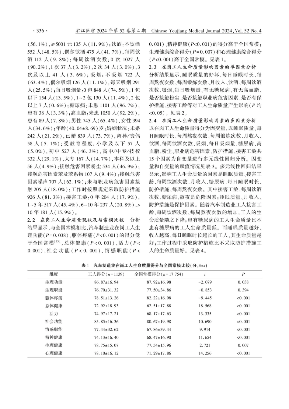某市汽车制造业在岗工人生命质量现状及影响因素分析.pdf_第3页
