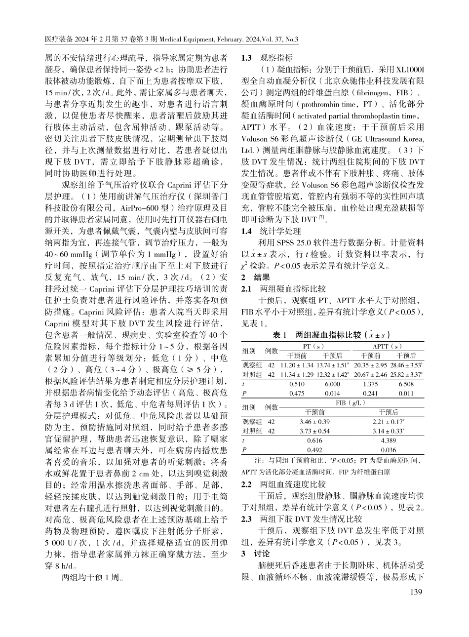 气压治疗仪联合Caprini评估下分层护理对脑梗死后昏迷患者血栓形成的影响.pdf_第2页