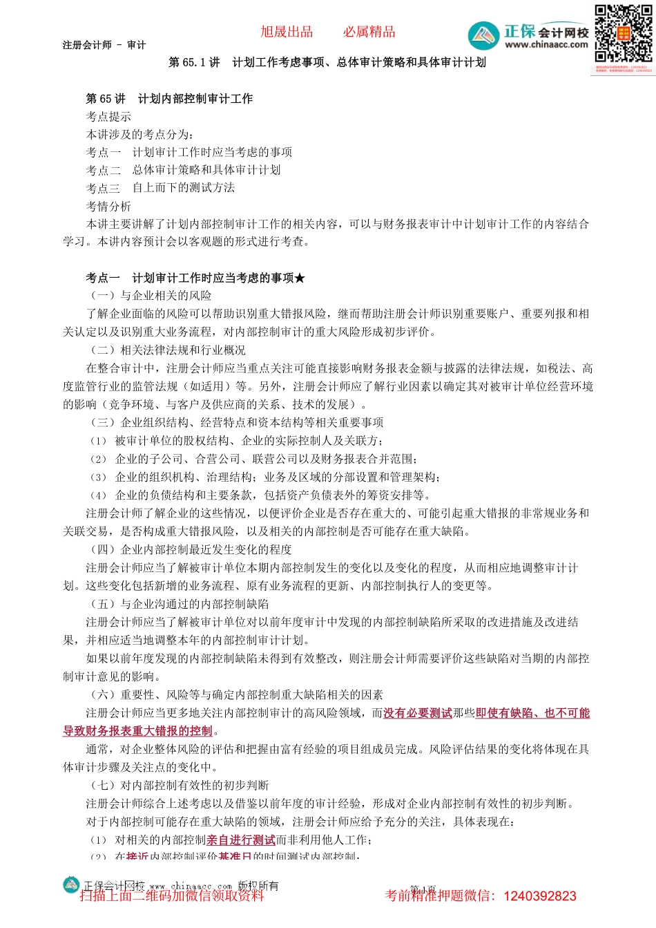 第0165第65.1讲　计划工作考虑事项、总体审计策略和具体审计计划_Password_Removed.pdf_第1页