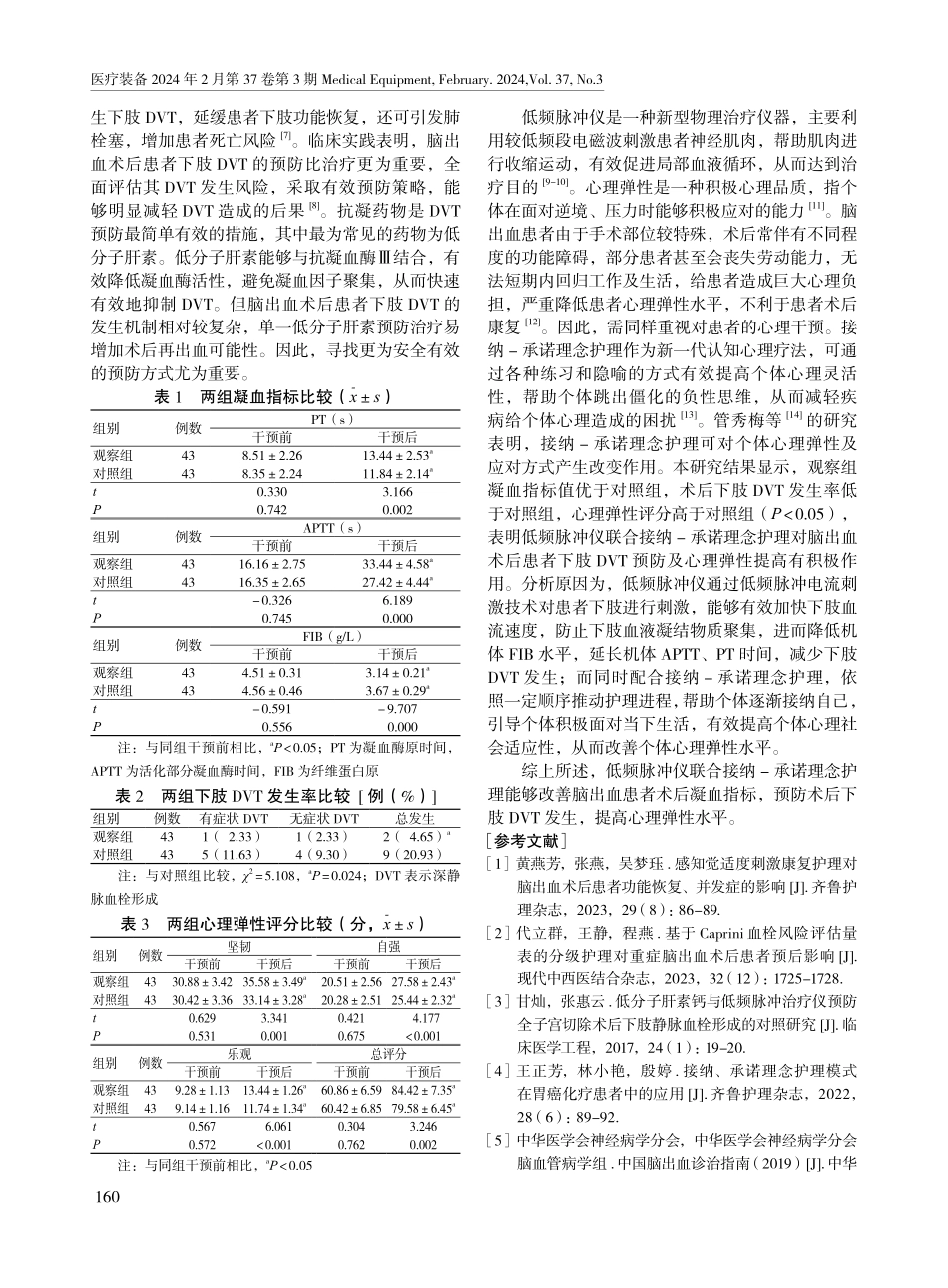 低频脉冲仪联合接纳-承诺理念护理对脑出血患者术后血栓及心理弹性的影响.pdf_第3页