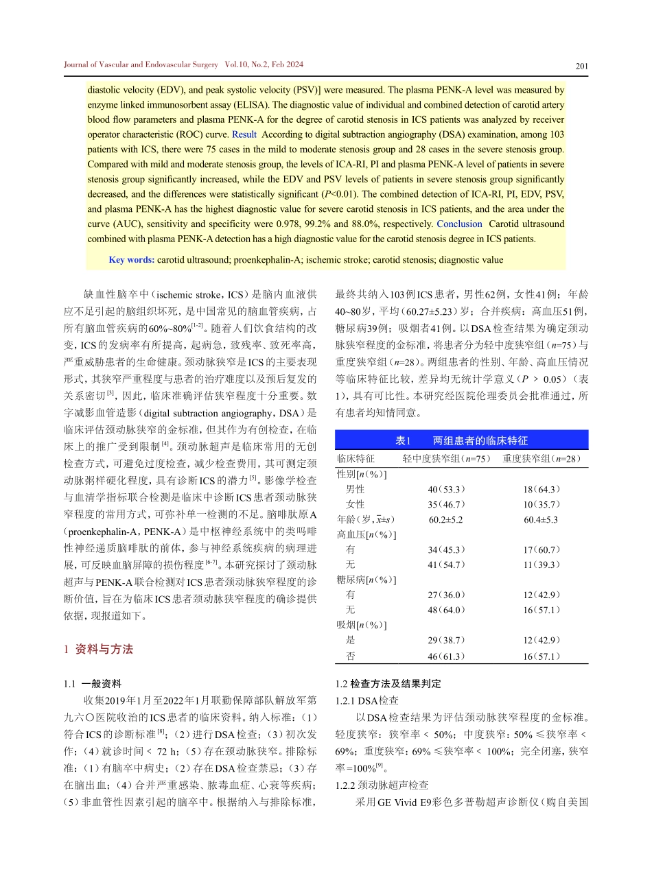 颈动脉超声联合血浆脑啡肽原A水平检测在缺血性脑卒中患者颈动脉狭窄诊断中的临床价值.pdf_第2页