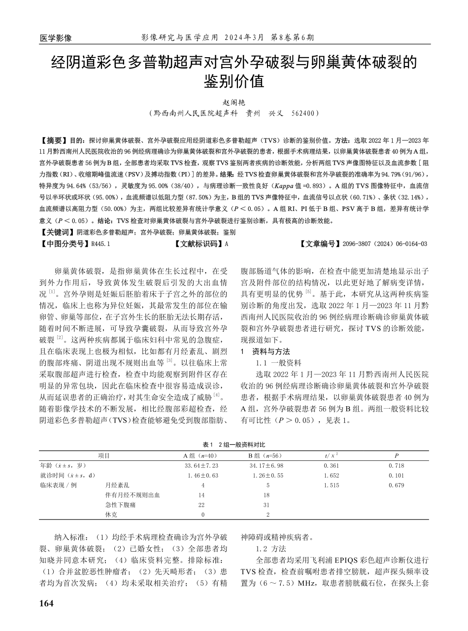 经阴道彩色多普勒超声对宫外孕破裂与卵巢黄体破裂的鉴别价值.pdf_第1页
