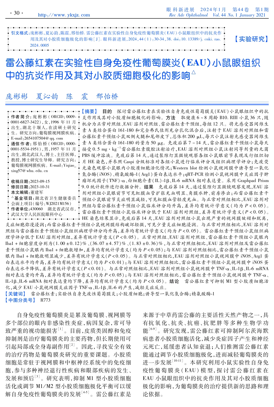 雷公藤红素在实验性自身免疫性葡萄膜炎%28EAU%29小鼠眼组织中的抗炎作用及其对小胶质细胞极化的影响.pdf_第1页