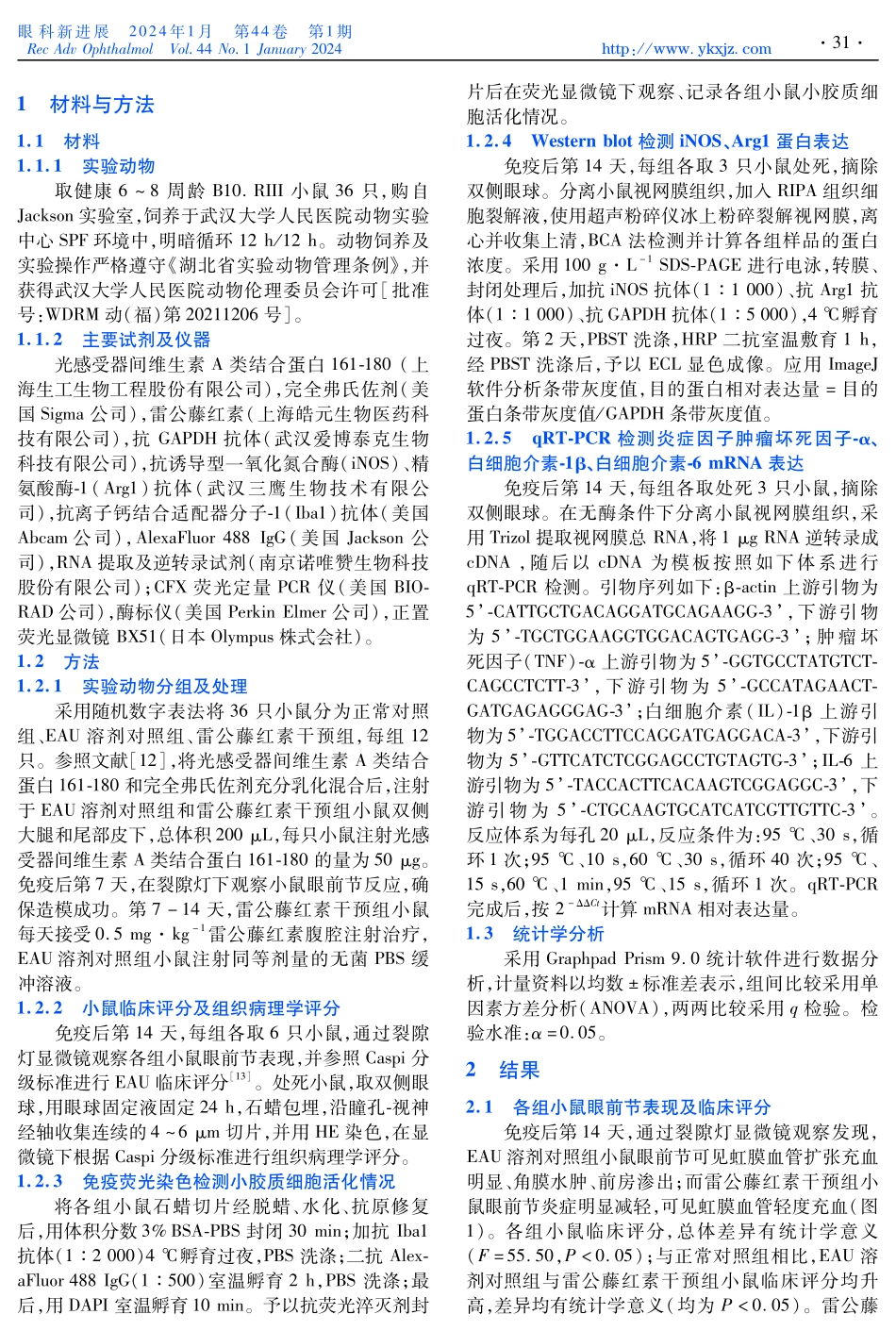 雷公藤红素在实验性自身免疫性葡萄膜炎%28EAU%29小鼠眼组织中的抗炎作用及其对小胶质细胞极化的影响.pdf_第2页