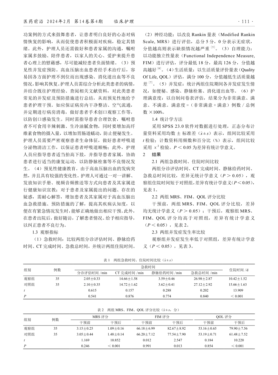急救流程优化联合预见性护理对高血压脑出血患者自理能力、生活质量及并发症发生率的影响.pdf_第2页