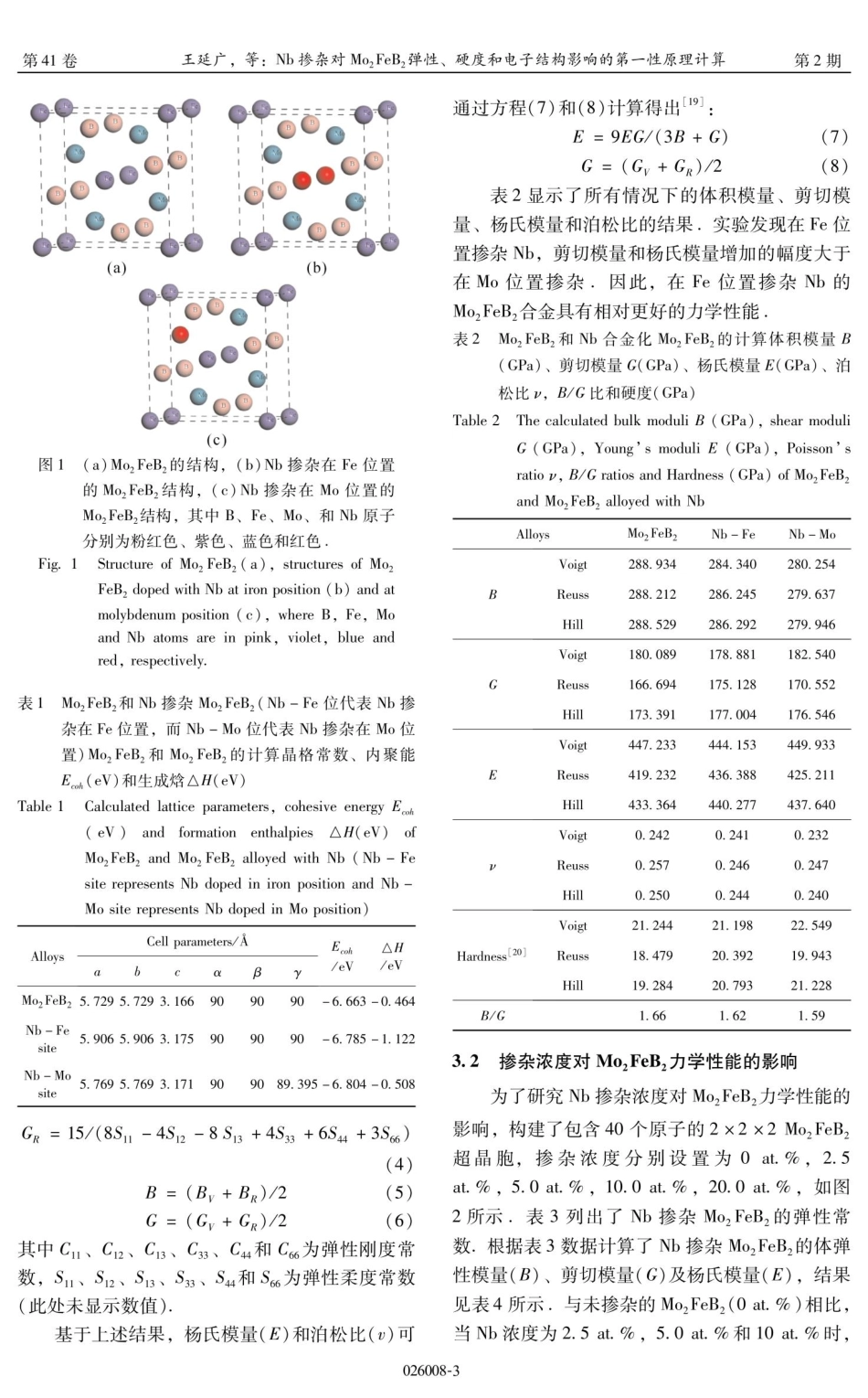 Nb掺杂对Mo_%282%29FeB_%282%29弹性、硬度和电子结构影响的第一性原理计算.pdf_第3页