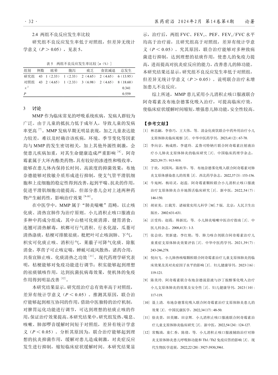 小儿消积止咳口服液联合阿奇霉素及布地奈德雾化吸入治疗儿童支原体肺炎的临床疗效.pdf_第3页