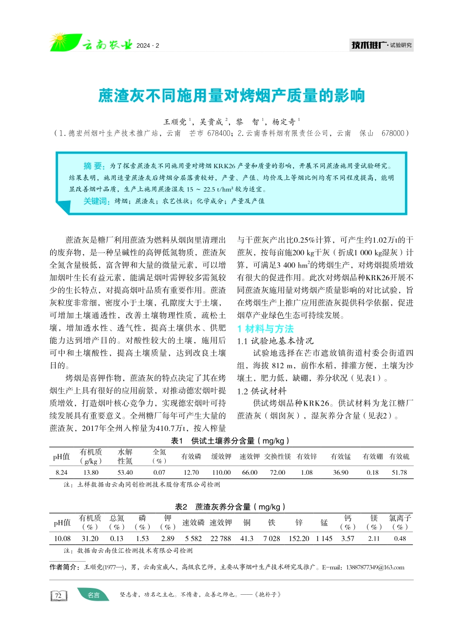 蔗渣灰不同施用量对烤烟产质量的影响.pdf_第1页