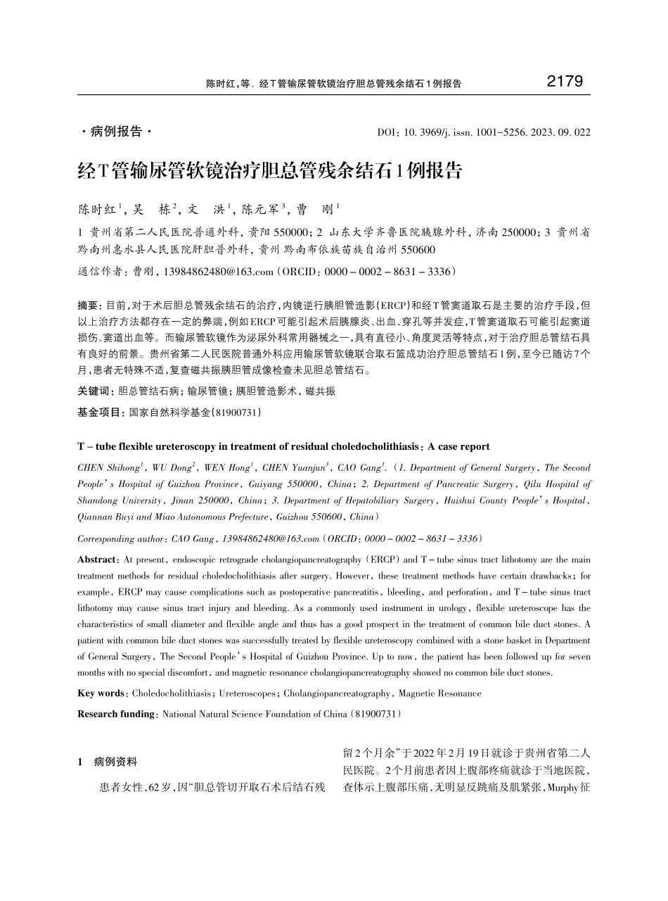 经T管输尿管软镜治疗胆总管残余结石1例报告.pdf_第1页