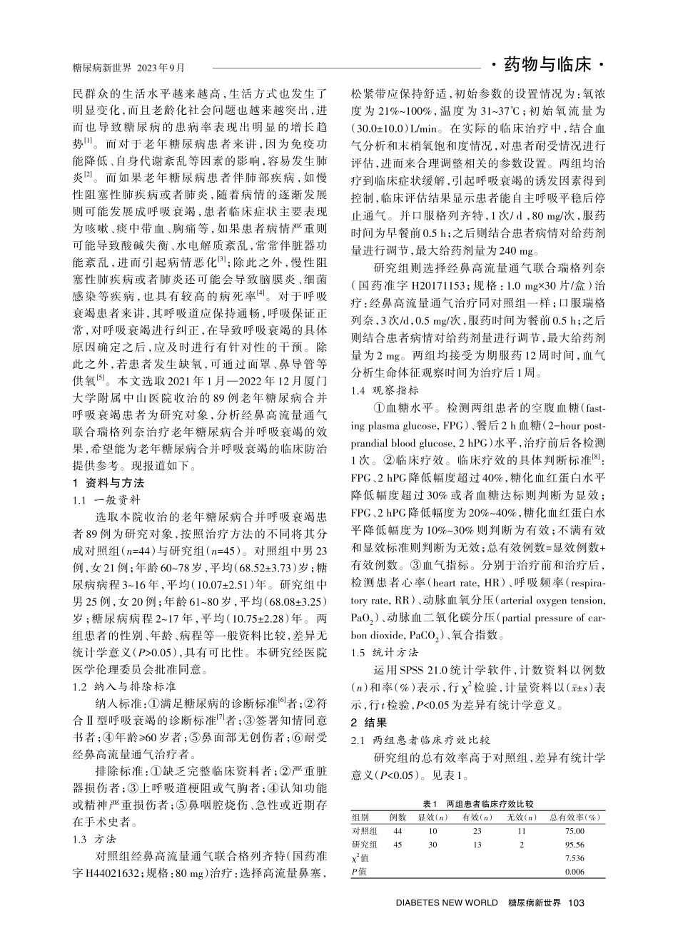 经鼻高流量通气联合瑞格列奈治疗老年糖尿病合并呼吸衰竭的效果观察.pdf_第2页