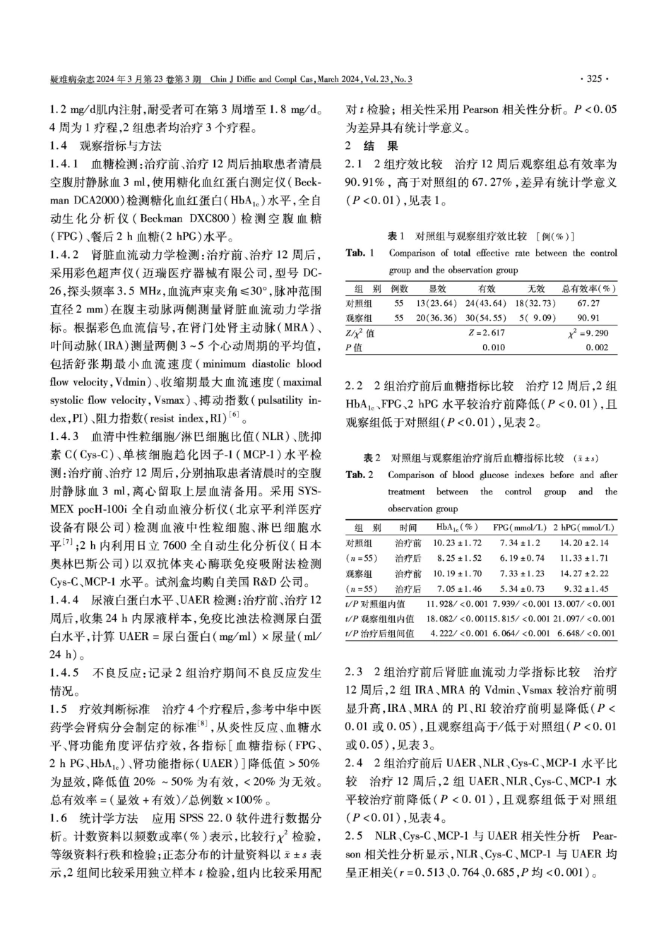利拉鲁肽与西格列汀对早期2型糖尿病肾病患者肾脏血流动力学及NLR、Cys-C、MCP-1的影响.pdf_第3页