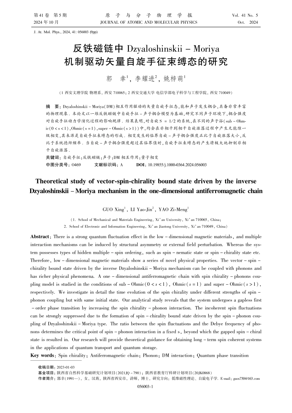 反铁磁链中Dzyaloshinskii-Moriya机制驱动矢量自旋手征束缚态的研究.pdf_第1页