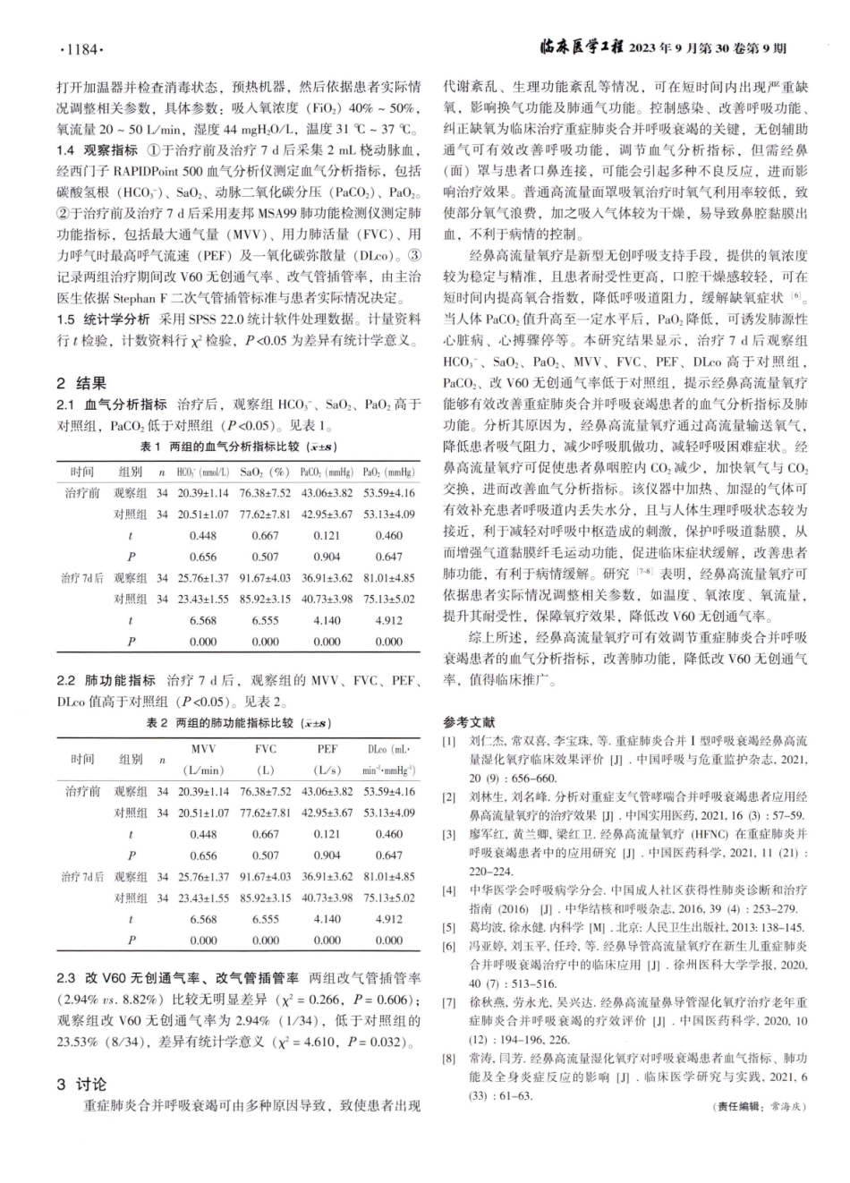 经鼻高流量氧疗对重症肺炎合并呼吸衰竭患者血气分析指标及肺功能的影响.pdf_第2页