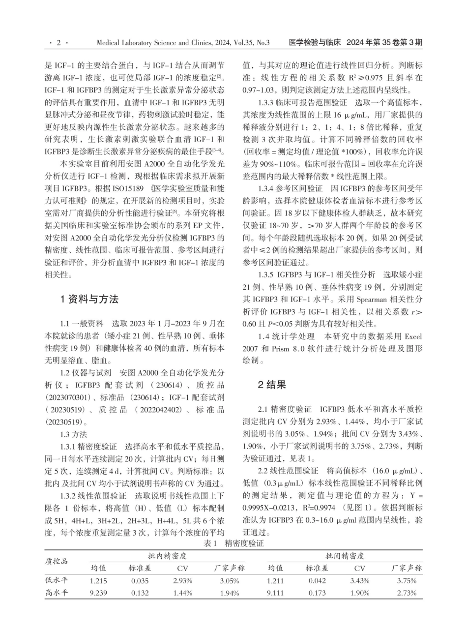 安图A2000全自动化学发光分析仪检测IGFBP3的性能验证及与IGF-1相关性研究.pdf_第2页
