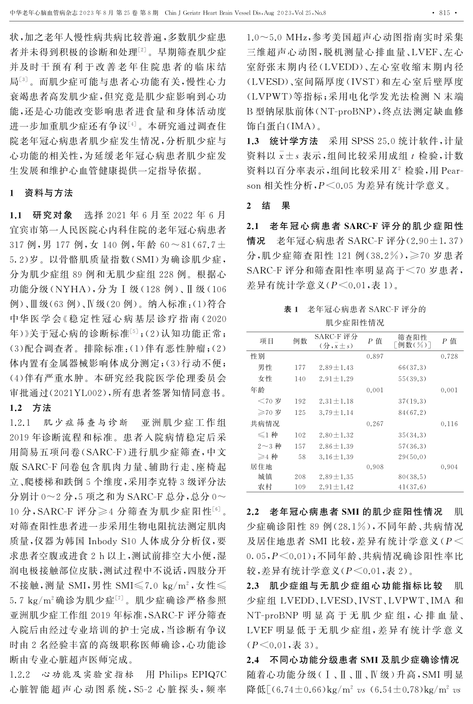 老年冠心病患者肌少症发生情况与心功能的相关性研究.pdf_第2页