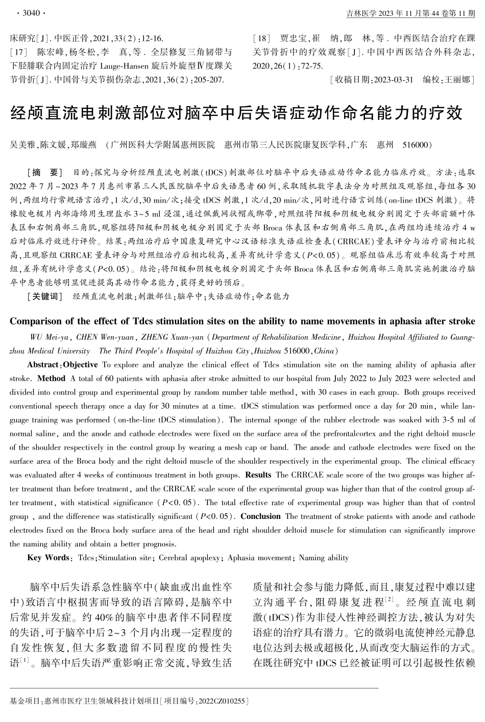 经颅直流电刺激部位对脑卒中后失语症动作命名能力的疗效.pdf_第1页
