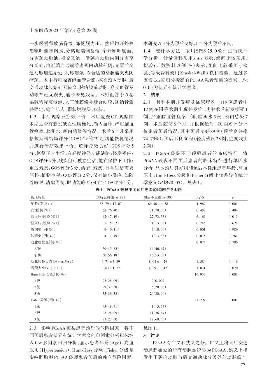 经翼点入路夹闭术治疗胚胎型后交通动脉瘤破裂的疗效及其预后影响因素.pdf_第2页