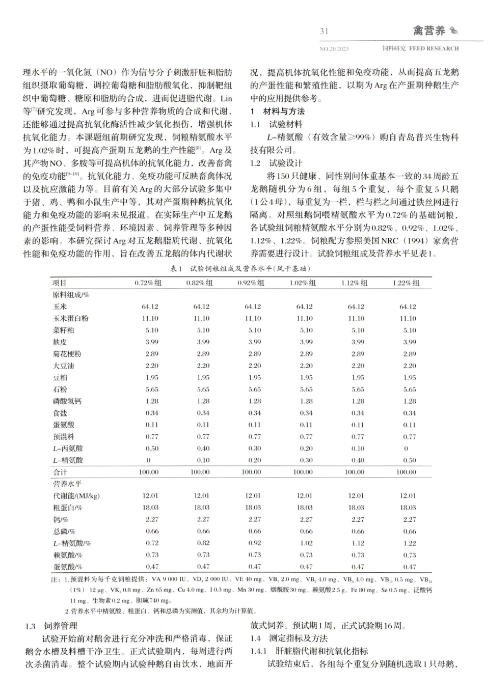 精氨酸对产蛋期五龙鹅肝脏生化、抗氧化和肠道抗氧化、免疫指标的影响.pdf_第2页