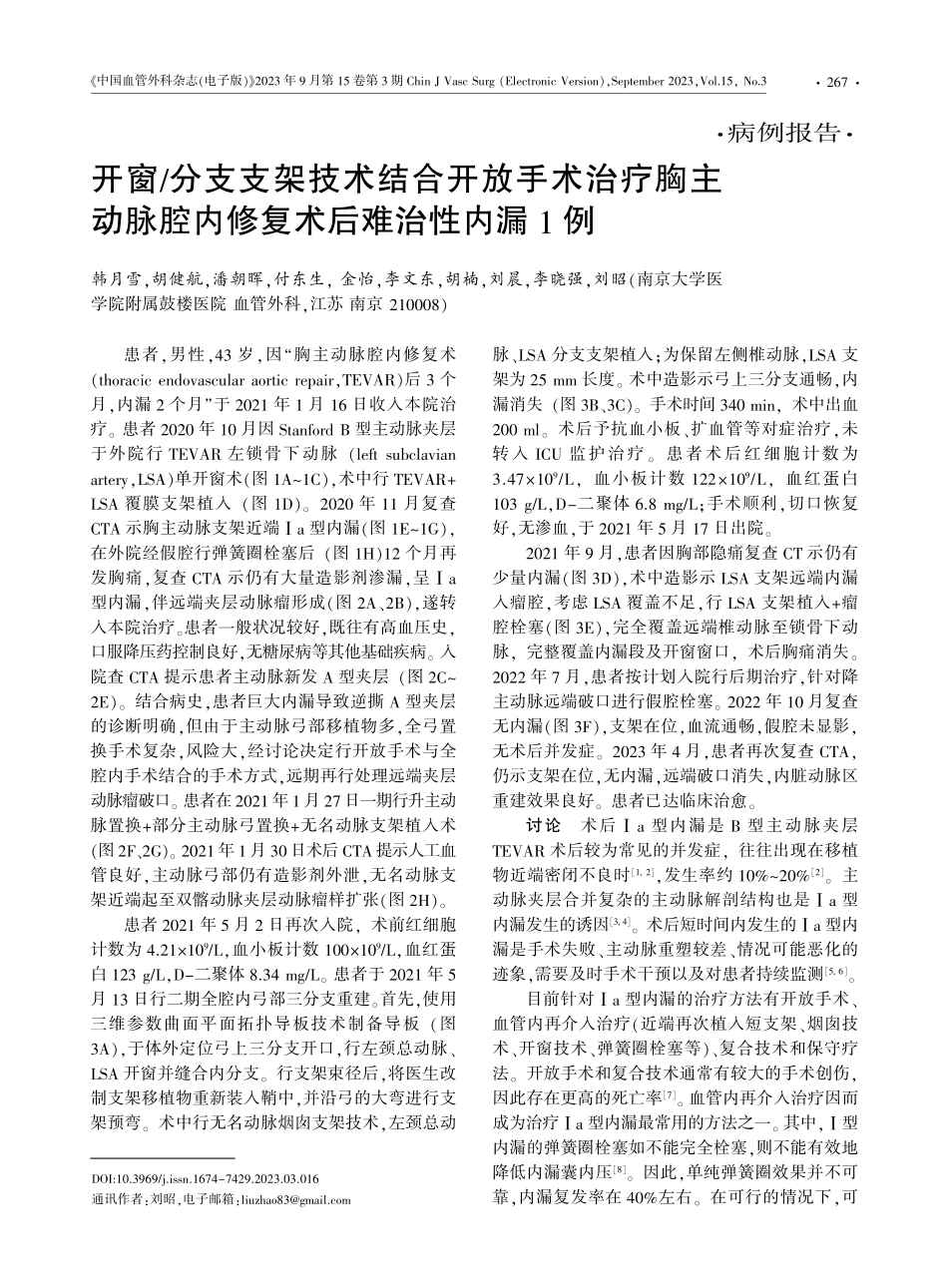 开窗_分支支架技术结合开放手术治疗胸主动脉腔内修复术后难治性内漏1例.pdf_第1页