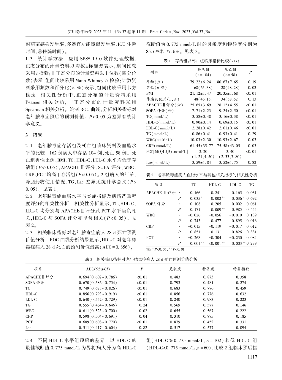 老年脓毒症病人血脂水平与病情严重程度及预后的关系.pdf_第3页