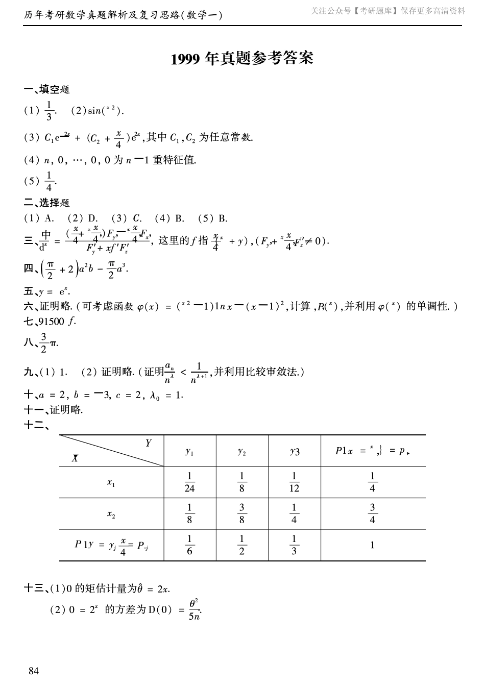 1999年考研数学一真题答案速查.pdf_第1页