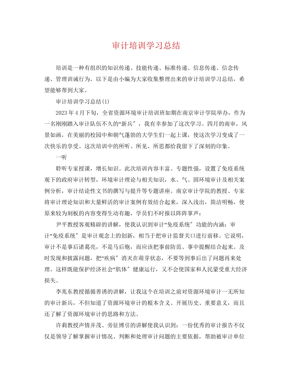 2023年审计培训学习总结范文.docx_第1页