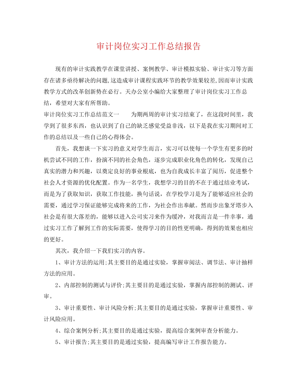 2023年审计岗位实习工作总结报告范文.docx_第1页