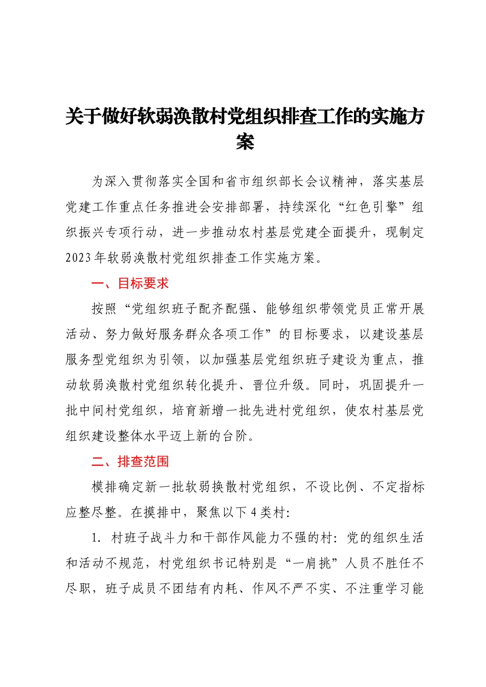 2023年关于做好软弱涣散村党组织排查工作的实施方案 .docx_第1页