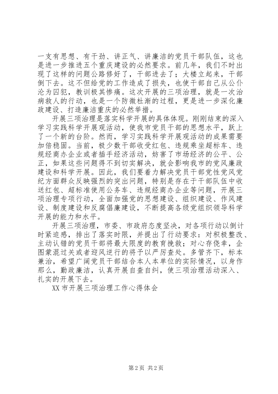 2023年XX市开展三项治理工作心得体会.docx_第2页