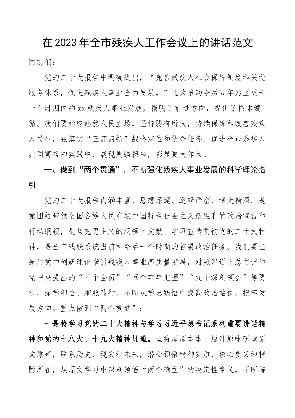 2023年全市残疾人工作会议讲话（范文）.docx_第1页