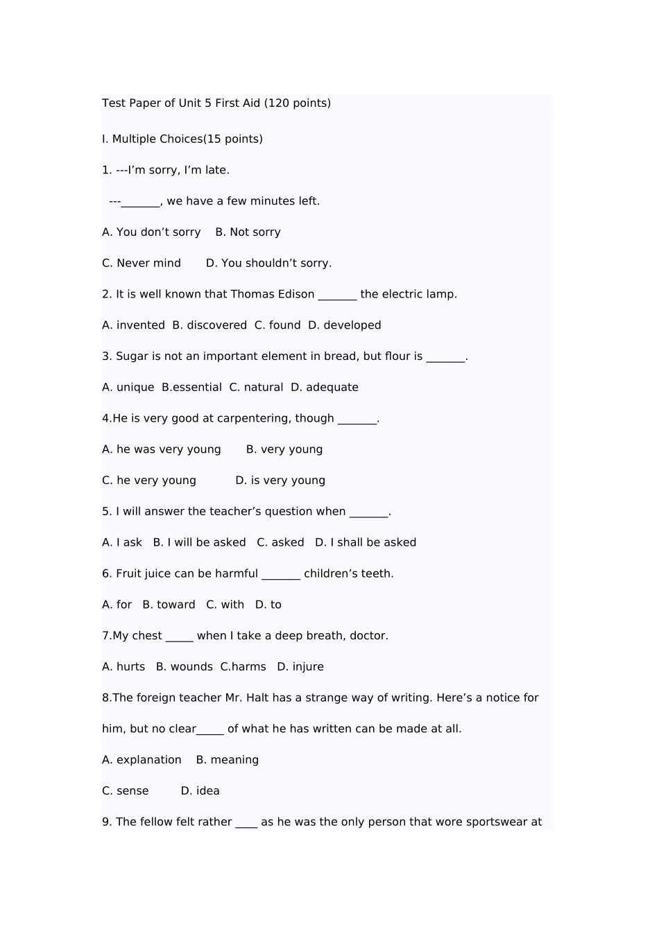 2023年高一英语必修5Unit5Firstaid单元练习题试卷2.docx_第1页