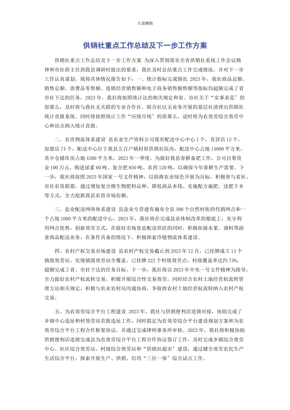 2023年供销社重点工作总结及下步工作计划.docx_第1页