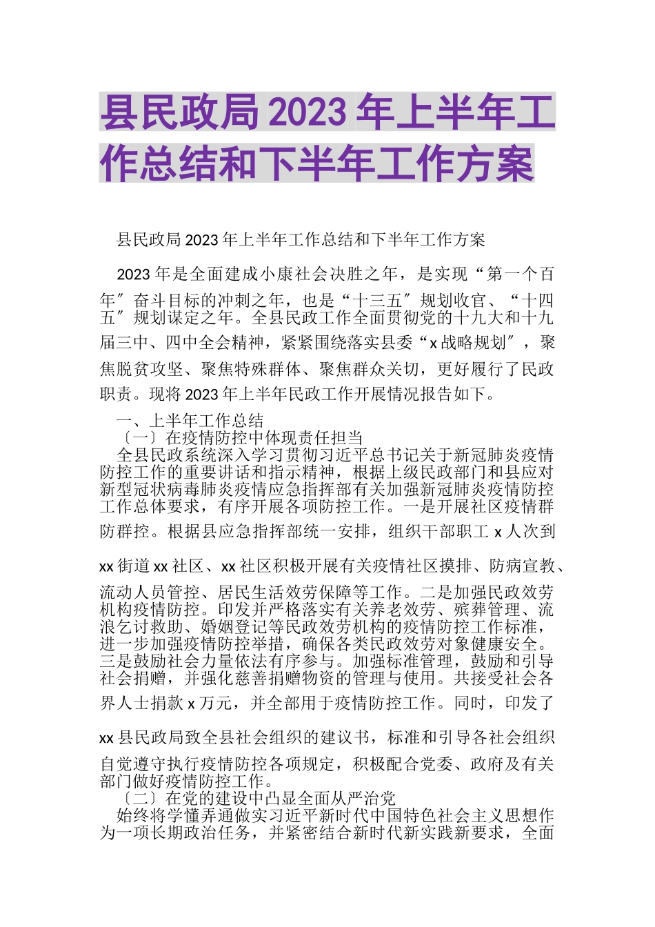 2023年县民政局上半年工作总结和下半年工作计划.doc_第1页