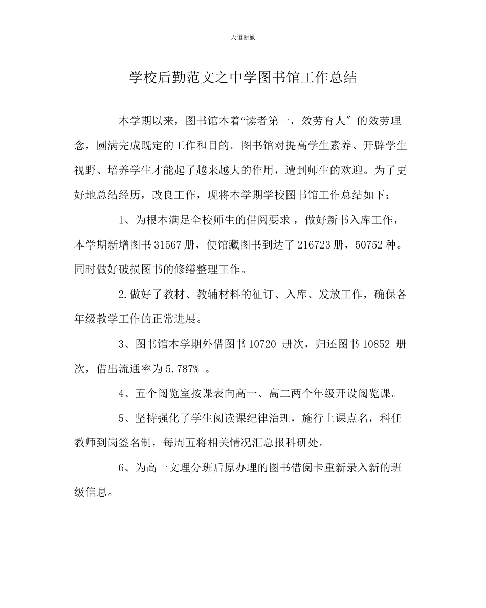 2023年学校后勤中学图书馆工作总结.docx_第1页