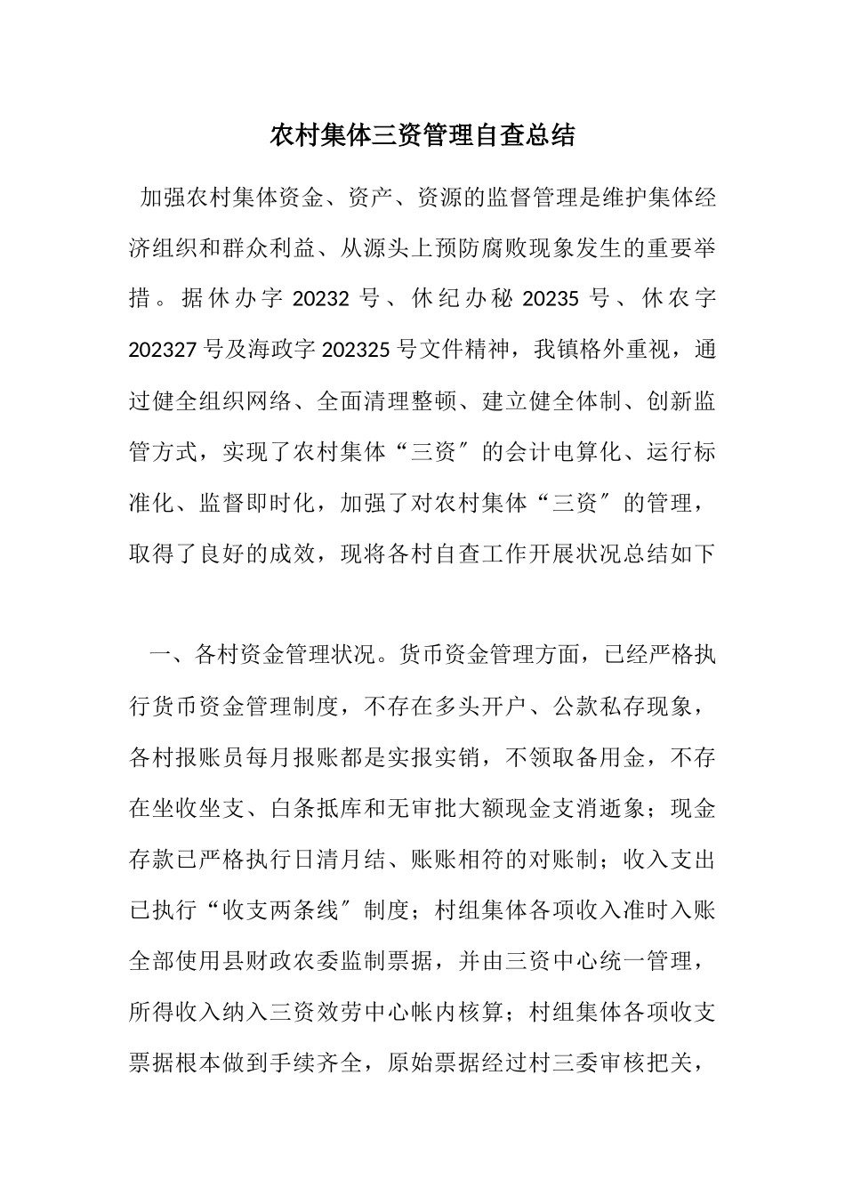 2023年农村集体三资管理自查总结.docx_第1页