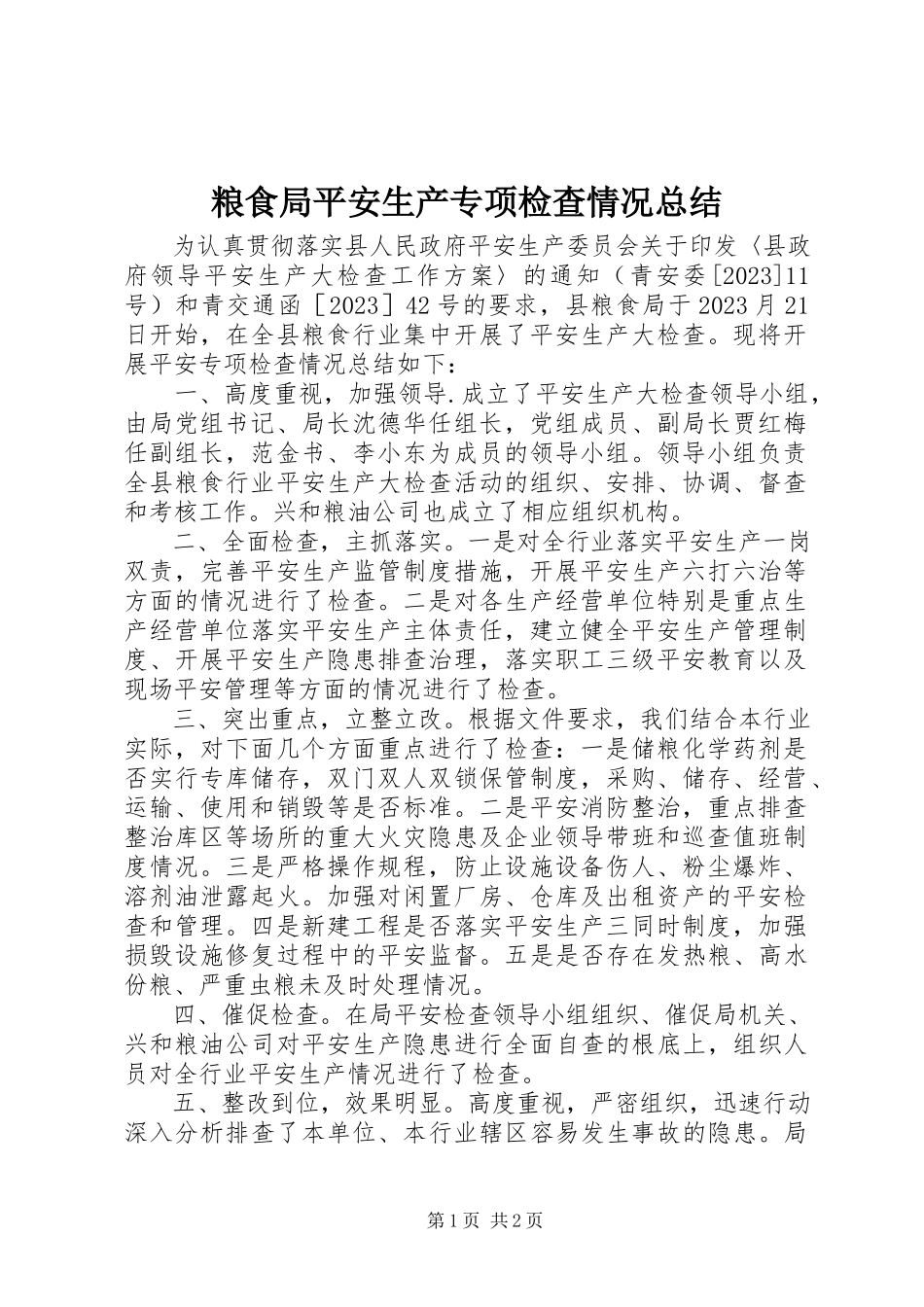 2023年粮食局安全生产专项检查情况总结.docx_第1页